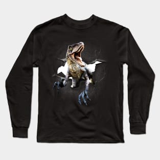 Funny Raptor Dinosaur Poking Head, Cracked Wall Long Sleeve T-Shirt